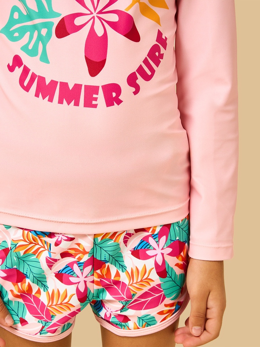 Tropical Print Rash Guard and Swim Shorts Set
