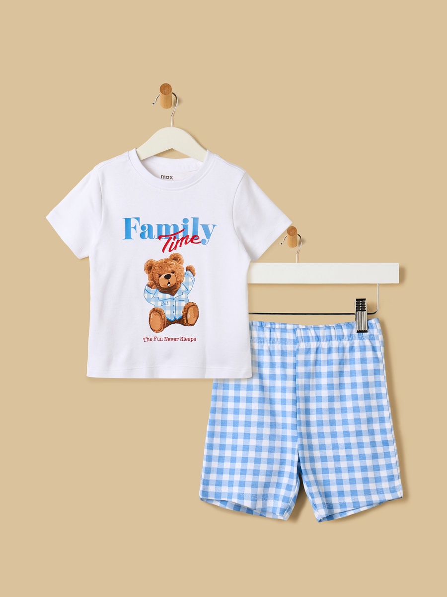 Bear Print Checked Cotton Shorts Set