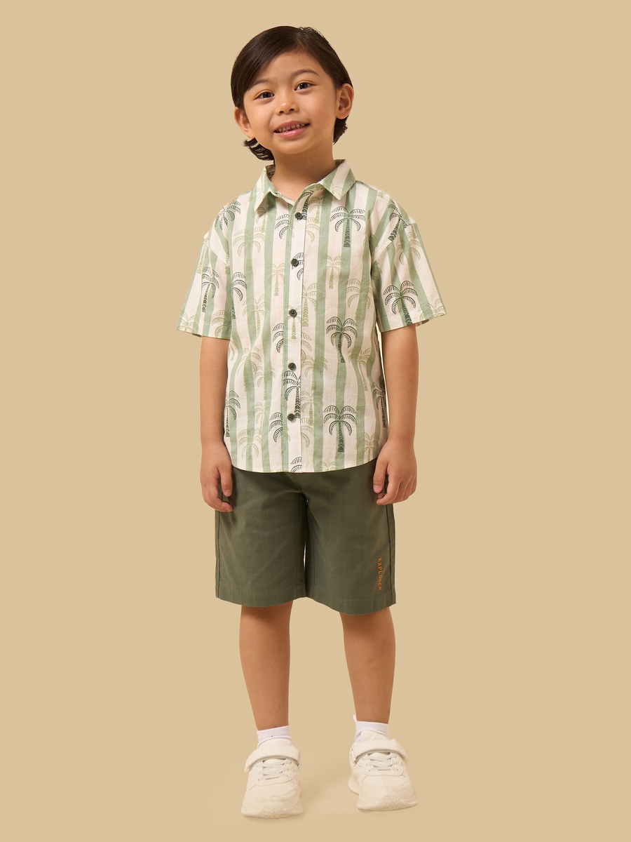 Palm Print Striped Cotton Shirt and Shorts Set