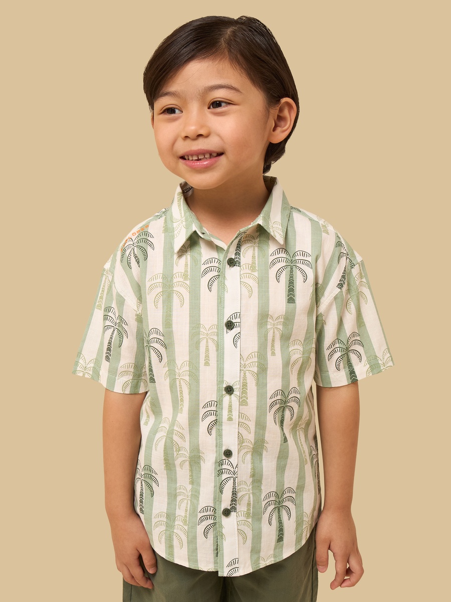 Palm Print Striped Cotton Shirt and Shorts Set
