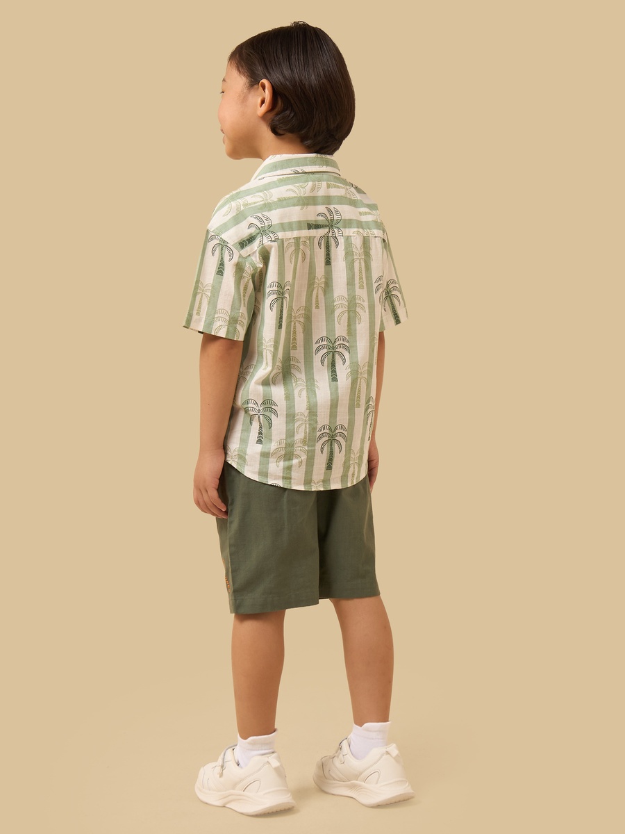 Palm Print Striped Cotton Shirt and Shorts Set