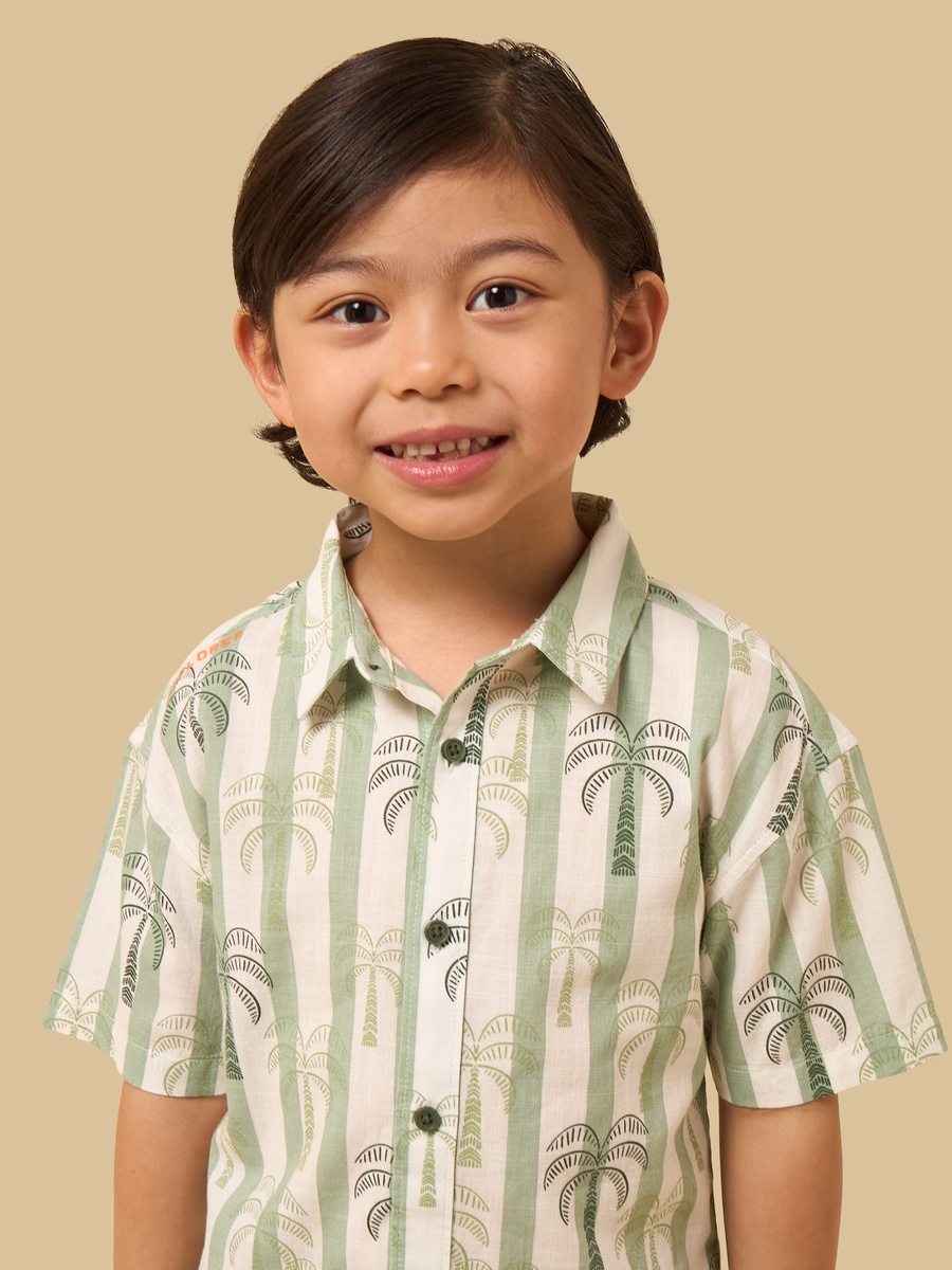 Palm Print Striped Cotton Shirt and Shorts Set