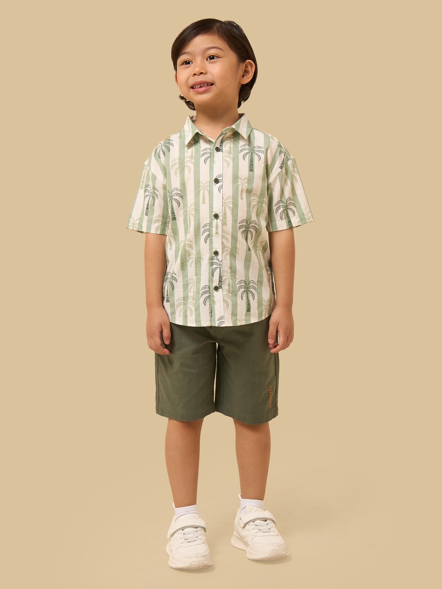 Palm Print Striped Cotton Shirt and Shorts Set