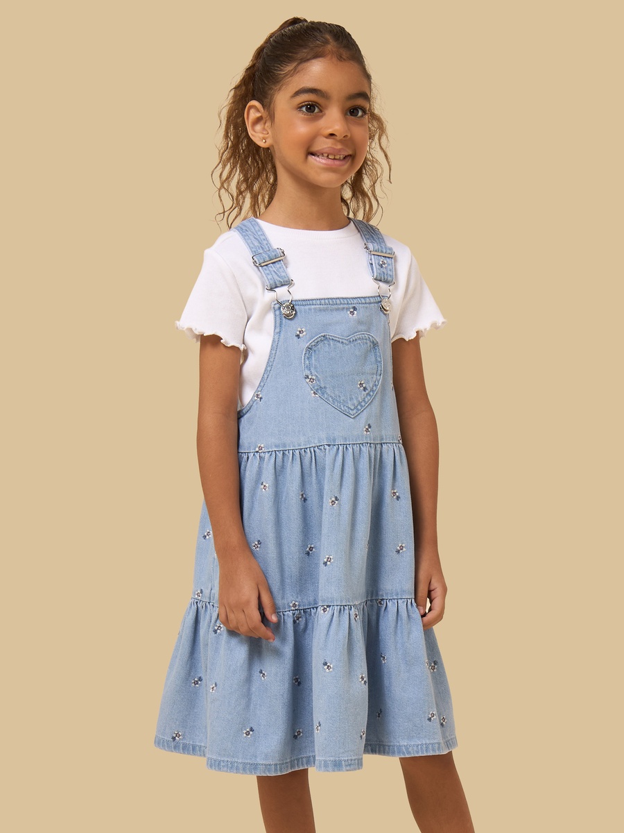 Floral Embroidered Denim Pinafore with Ribbed T-Shirt