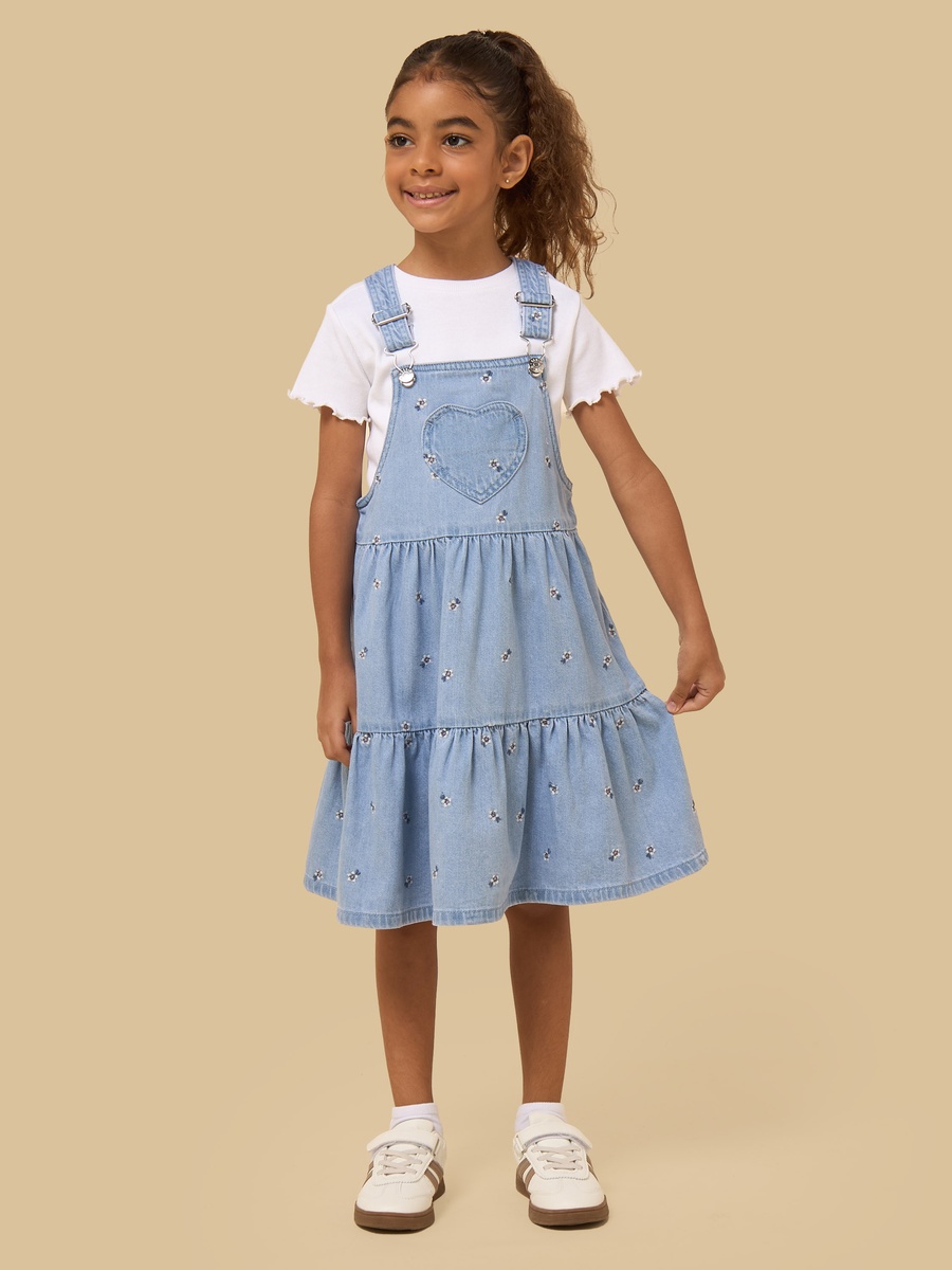 Floral Embroidered Denim Pinafore with Ribbed T-Shirt