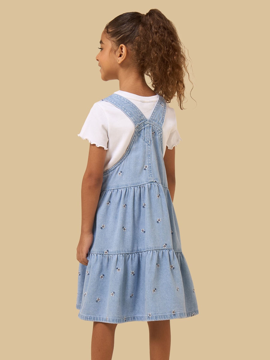 Floral Embroidered Denim Pinafore with Ribbed T-Shirt