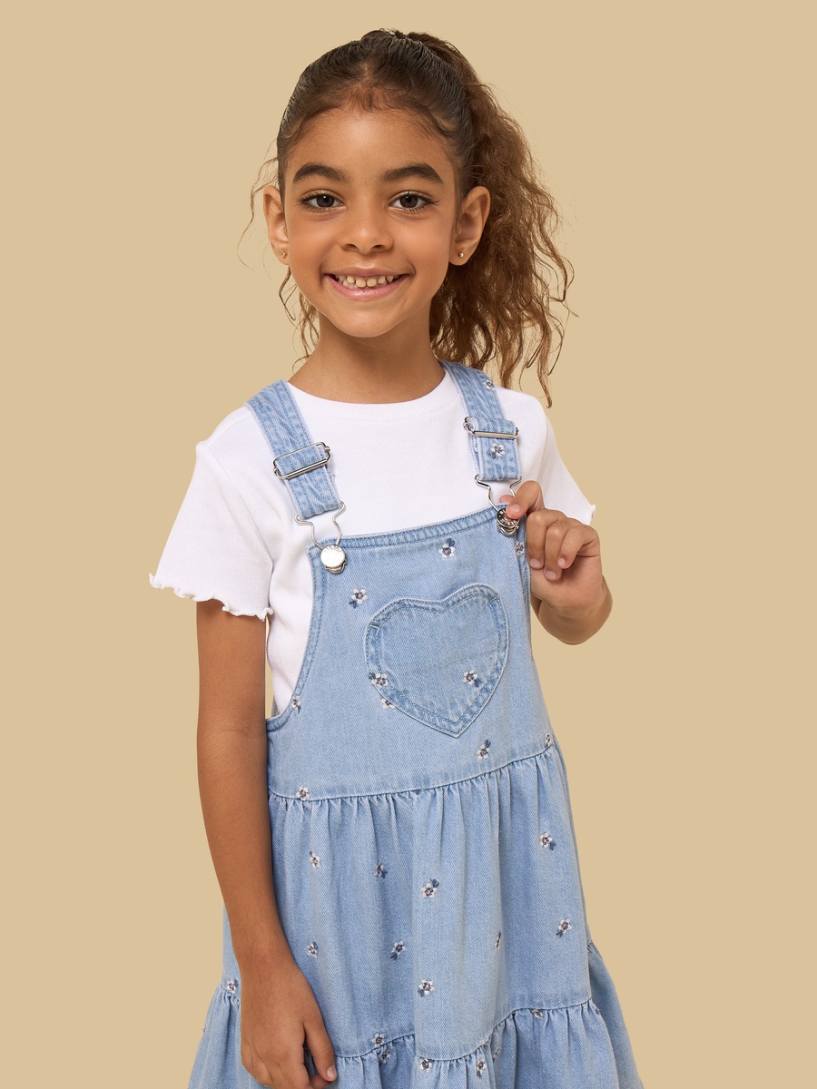 Floral Embroidered Denim Pinafore with Ribbed T-Shirt