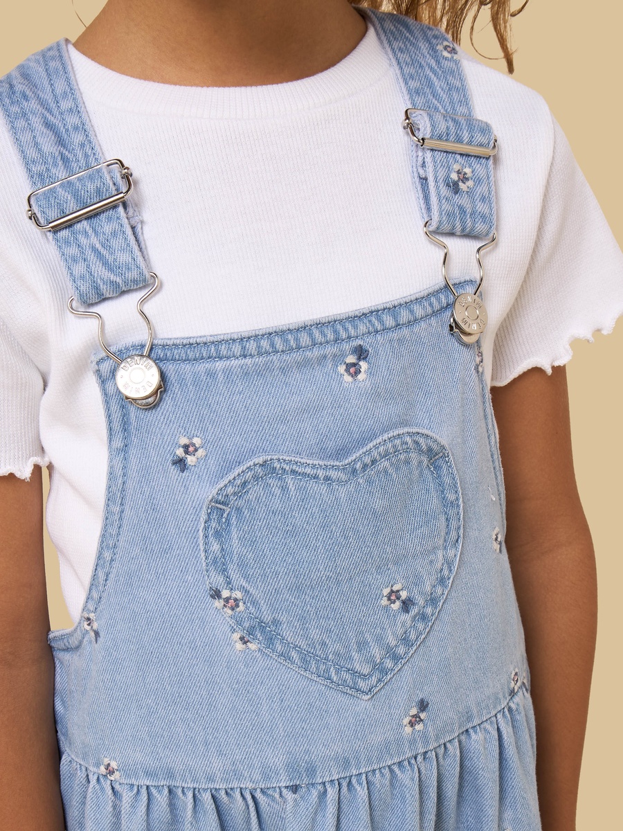 Floral Embroidered Denim Pinafore with Ribbed T-Shirt