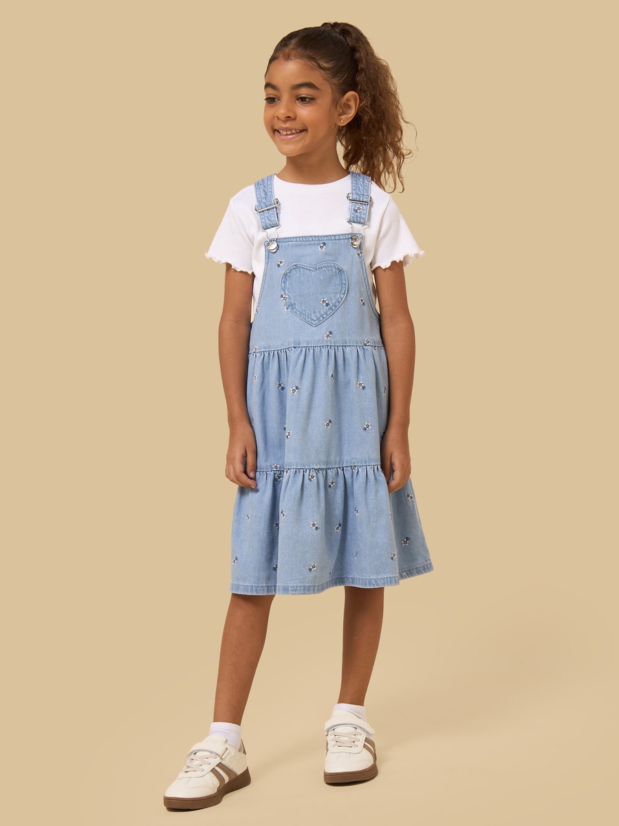 Floral Embroidered Denim Pinafore with Ribbed T-Shirt