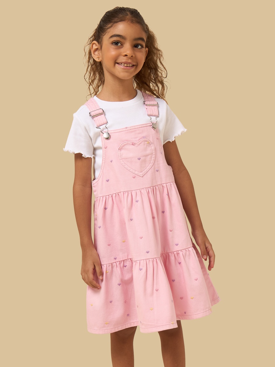 Floral Embroidered Denim Pinafore with Ribbed T-Shirt