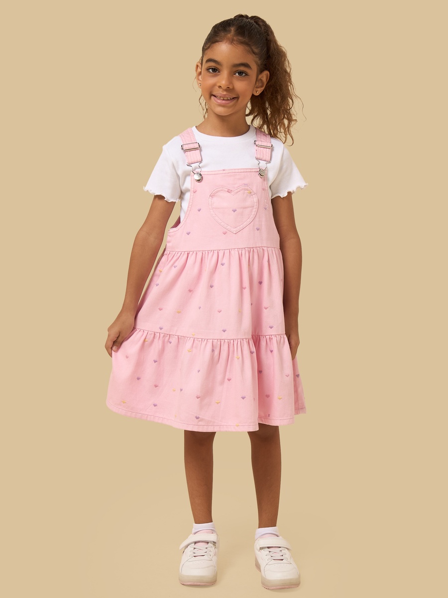 Floral Embroidered Denim Pinafore with Ribbed T-Shirt
