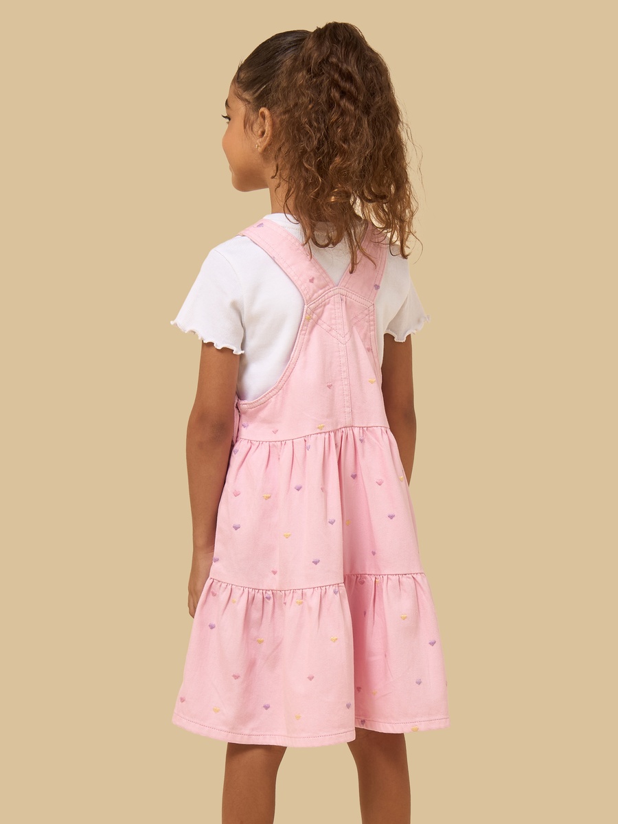 Floral Embroidered Denim Pinafore with Ribbed T-Shirt