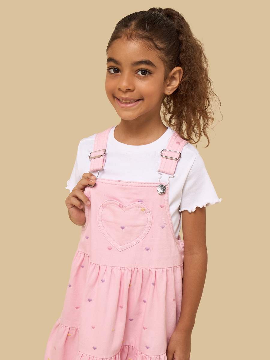 Floral Embroidered Denim Pinafore with Ribbed T-Shirt