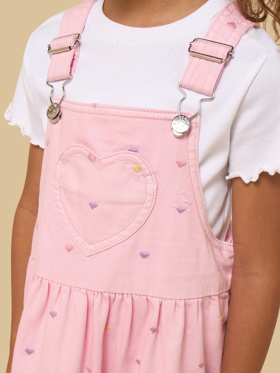 Floral Embroidered Denim Pinafore with Ribbed T-Shirt