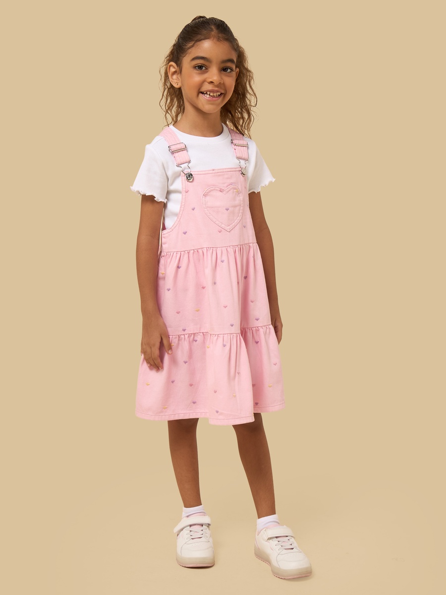 Floral Embroidered Denim Pinafore with Ribbed T-Shirt