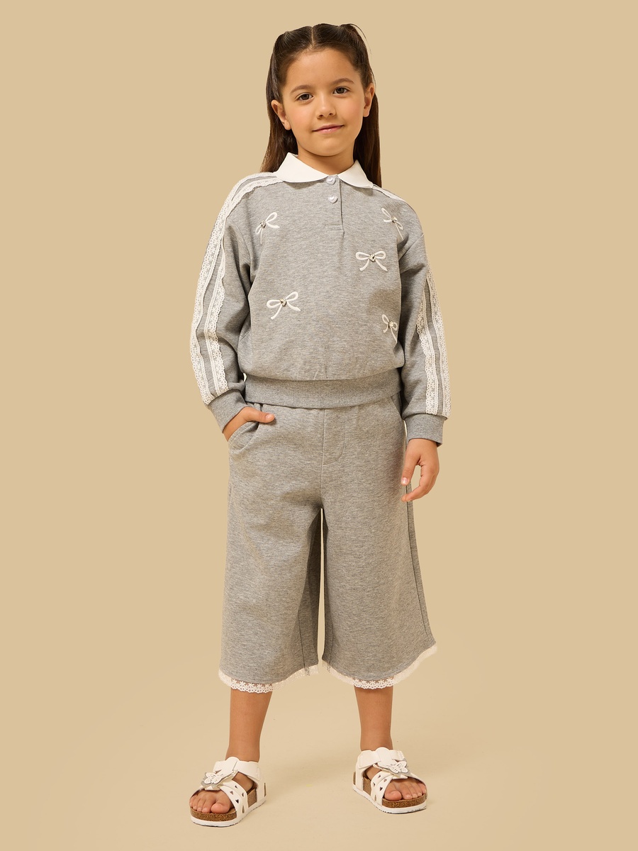 Bow Embroidered Collared Sweatshirt with Wide Leg Pants