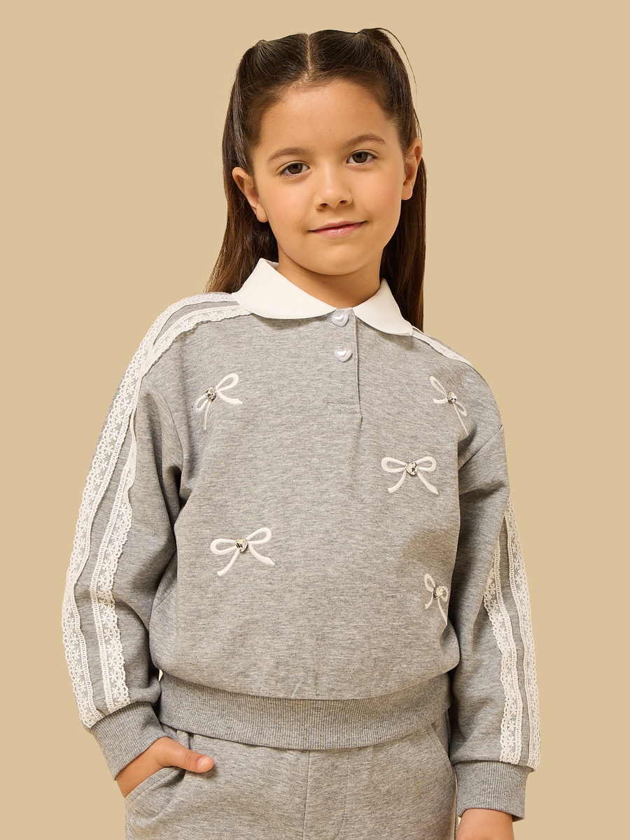 Bow Embroidered Collared Sweatshirt with Wide Leg Pants