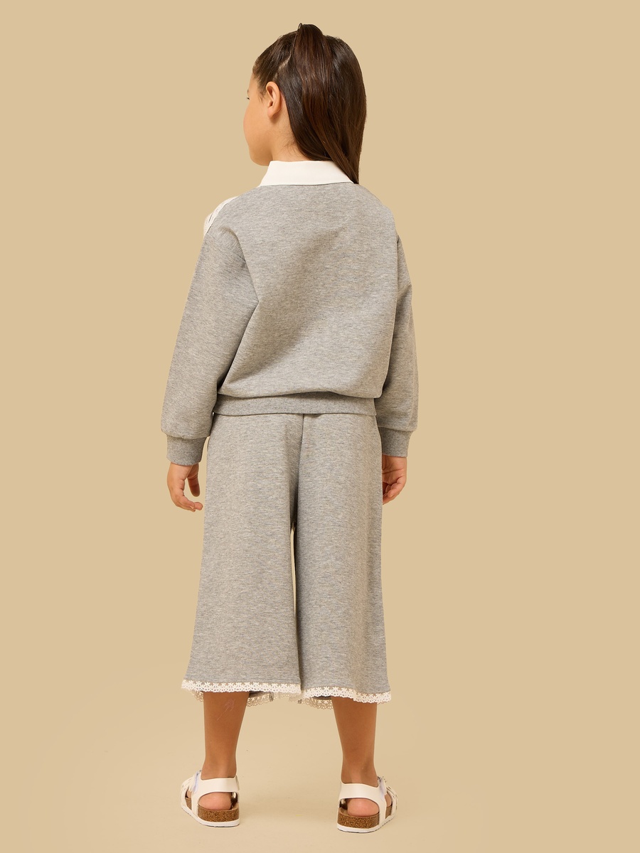 Bow Embroidered Collared Sweatshirt with Wide Leg Pants