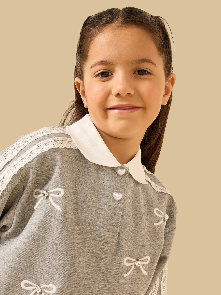 Bow Embroidered Collared Sweatshirt with Wide Leg Pants
