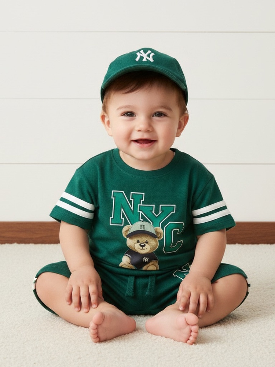 Bear Print Cotton T-Shirt with Shorts and Cap Set