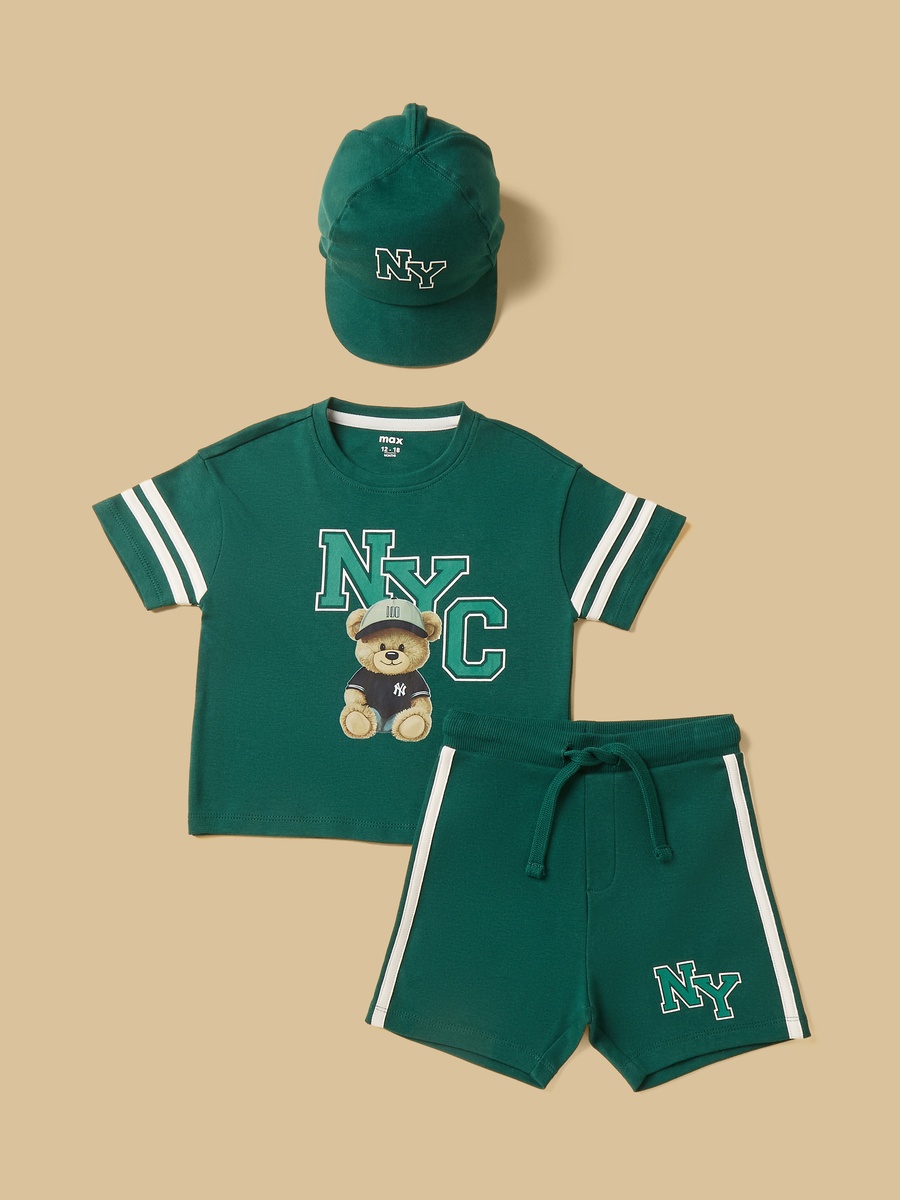 Bear Print Cotton T-Shirt with Shorts and Cap Set