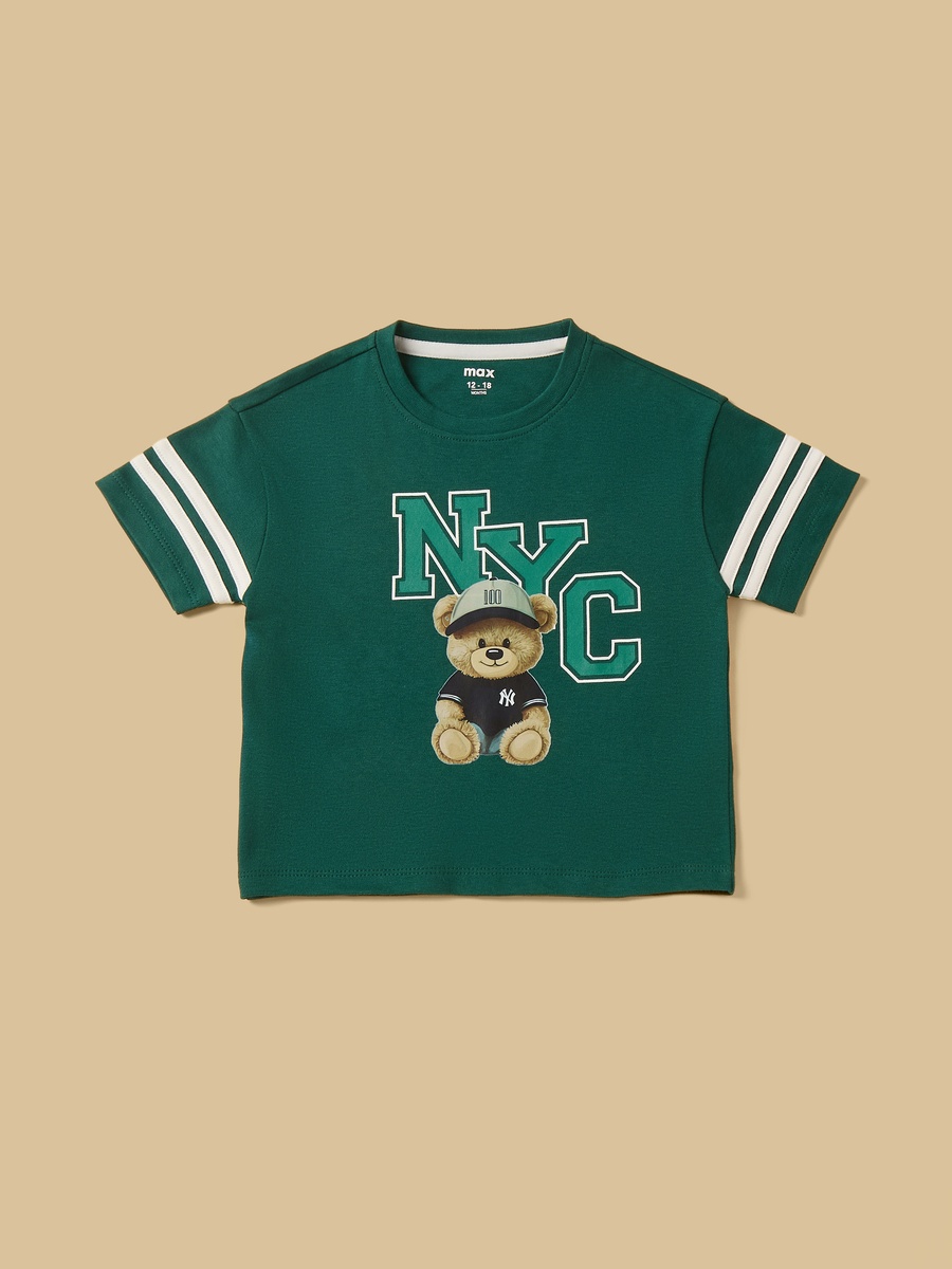 Bear Print Cotton T-Shirt with Shorts and Cap Set