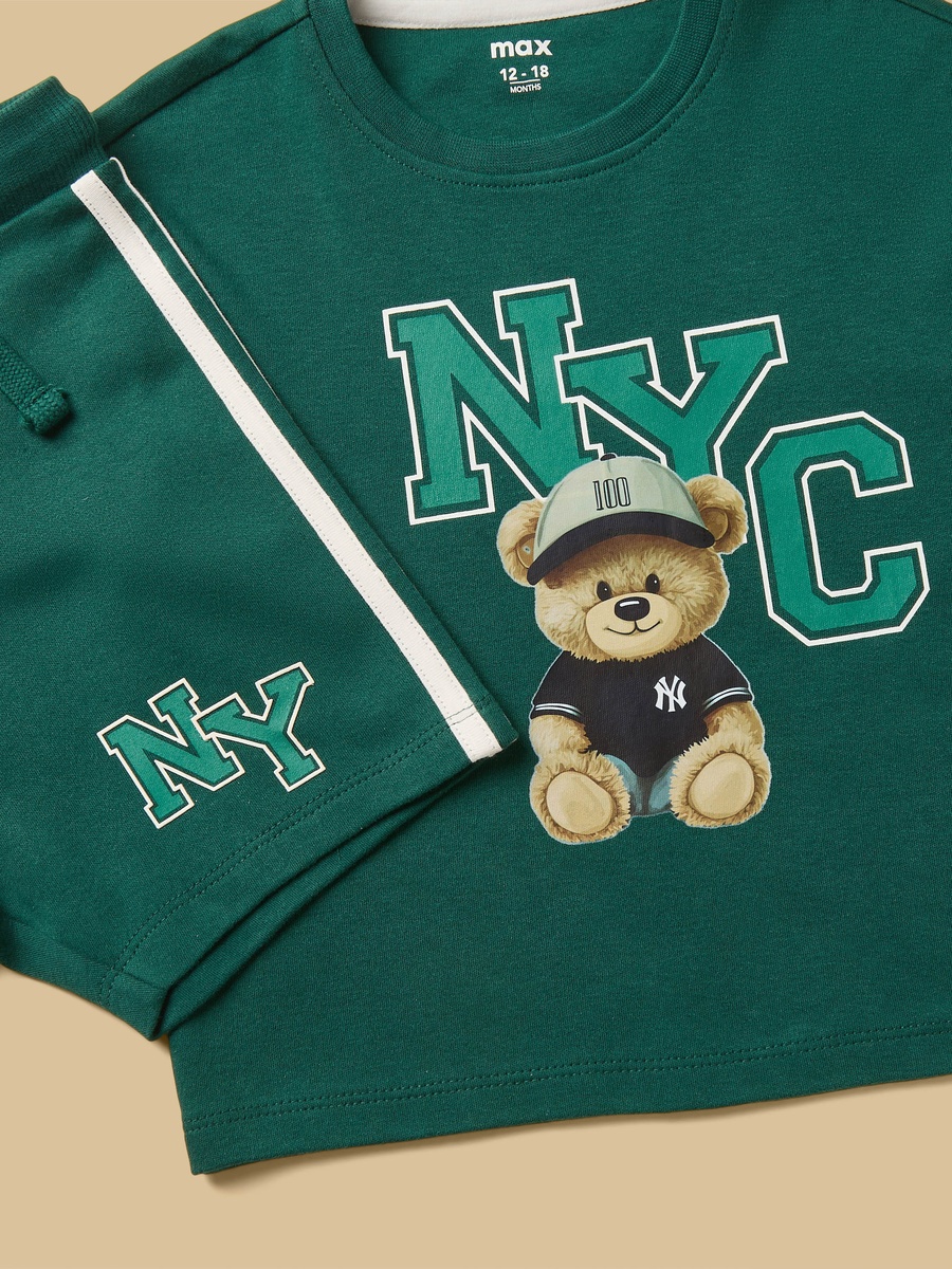 Bear Print Cotton T-Shirt with Shorts and Cap Set