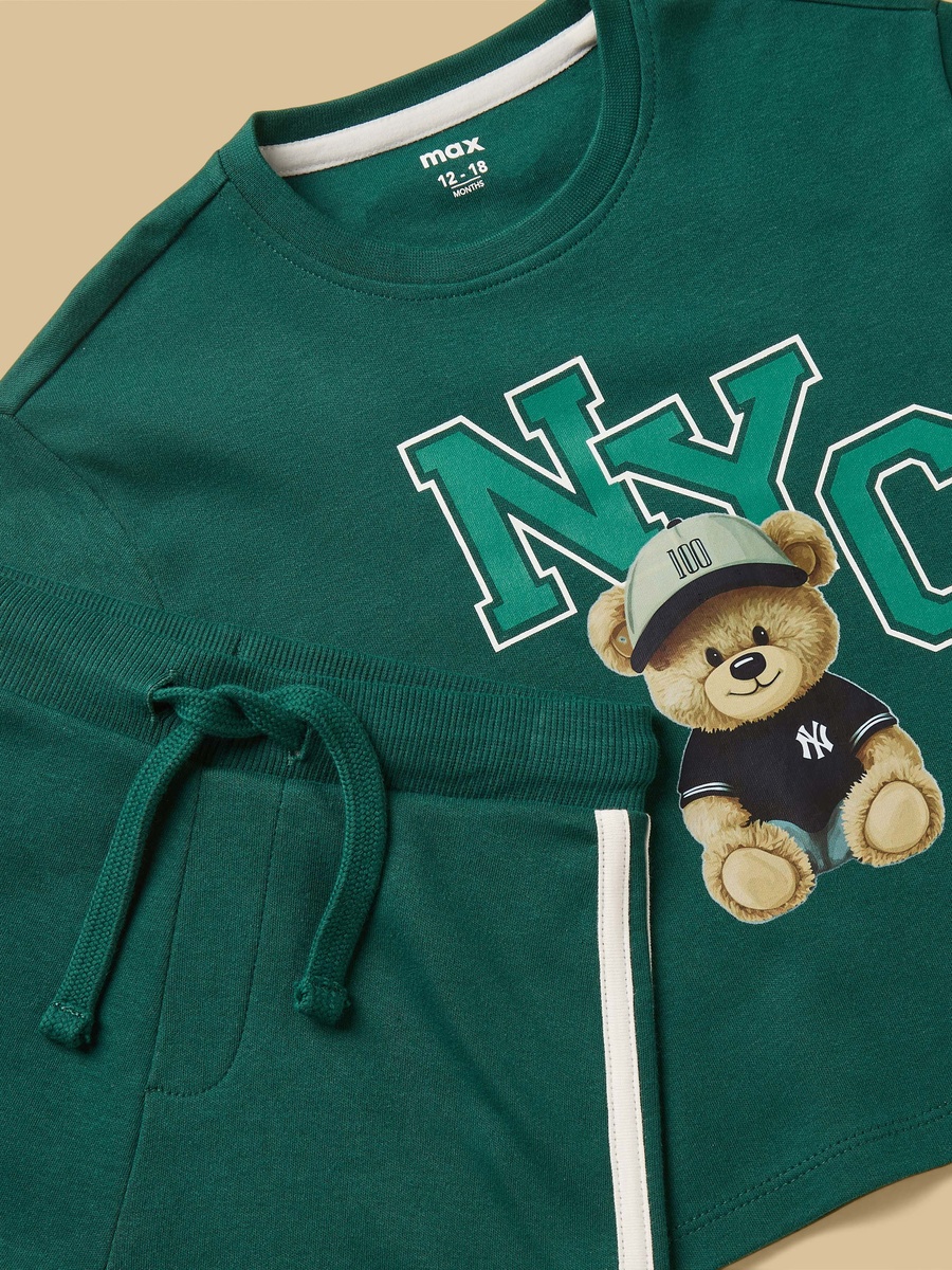Bear Print Cotton T-Shirt with Shorts and Cap Set