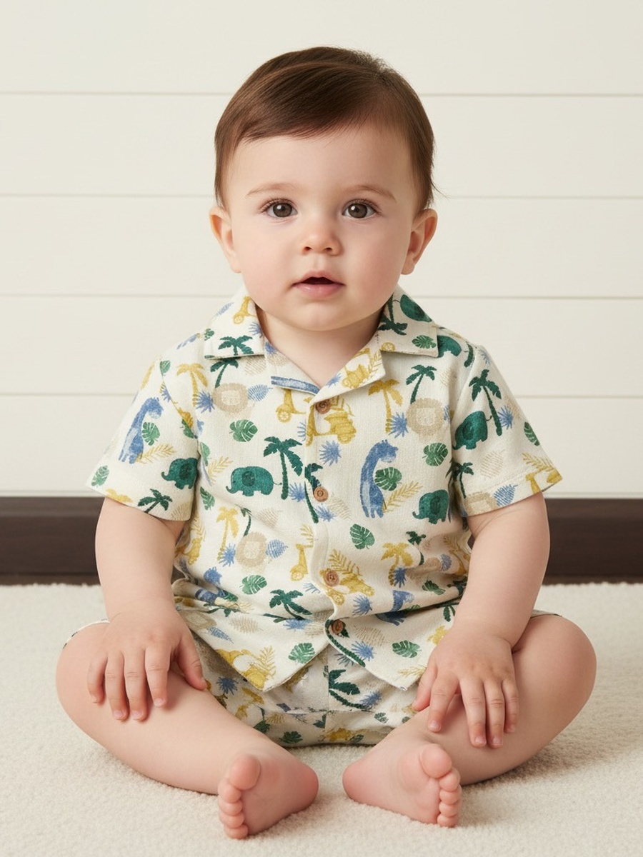 Safari Print Linen Blend Shirt and Shorts Set