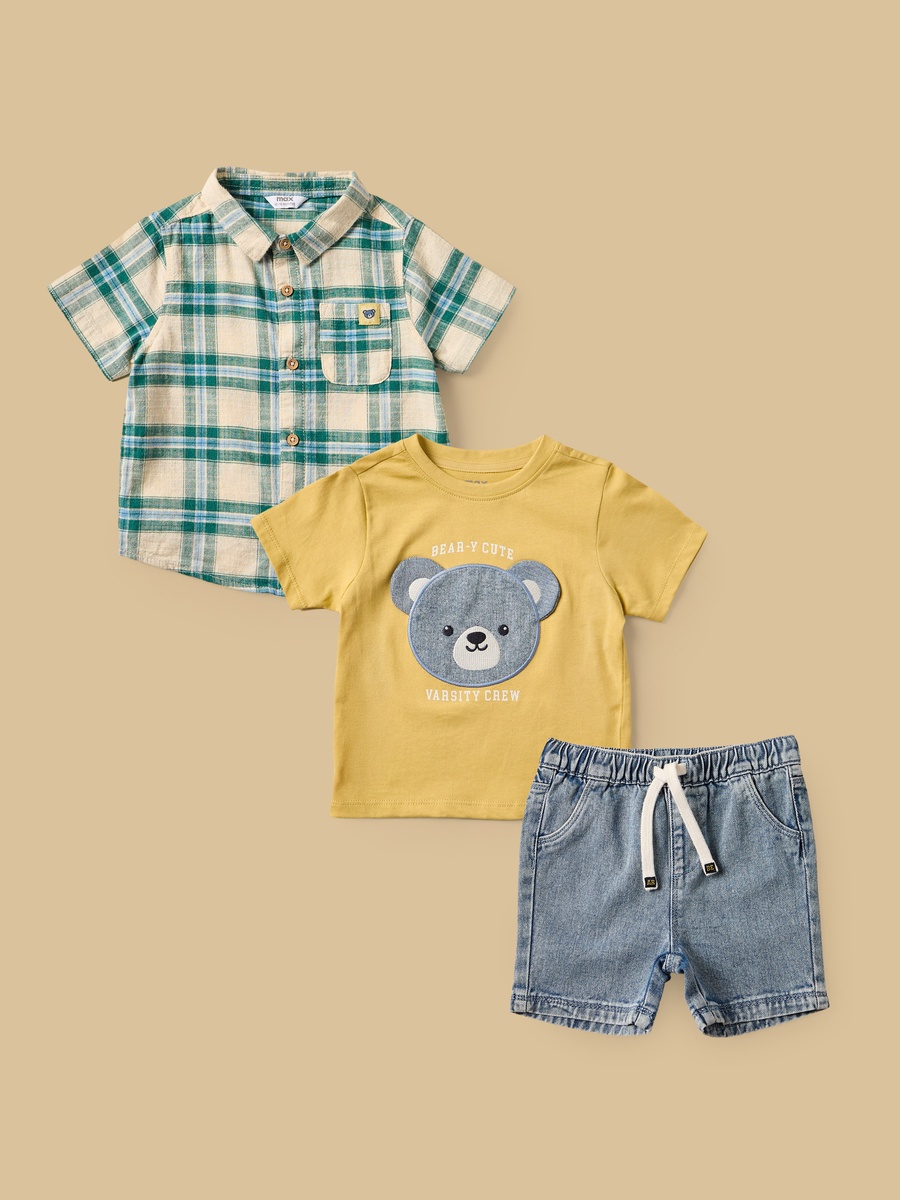 Checked Cotton Shirt with T-Shirt and Denim Shorts Set