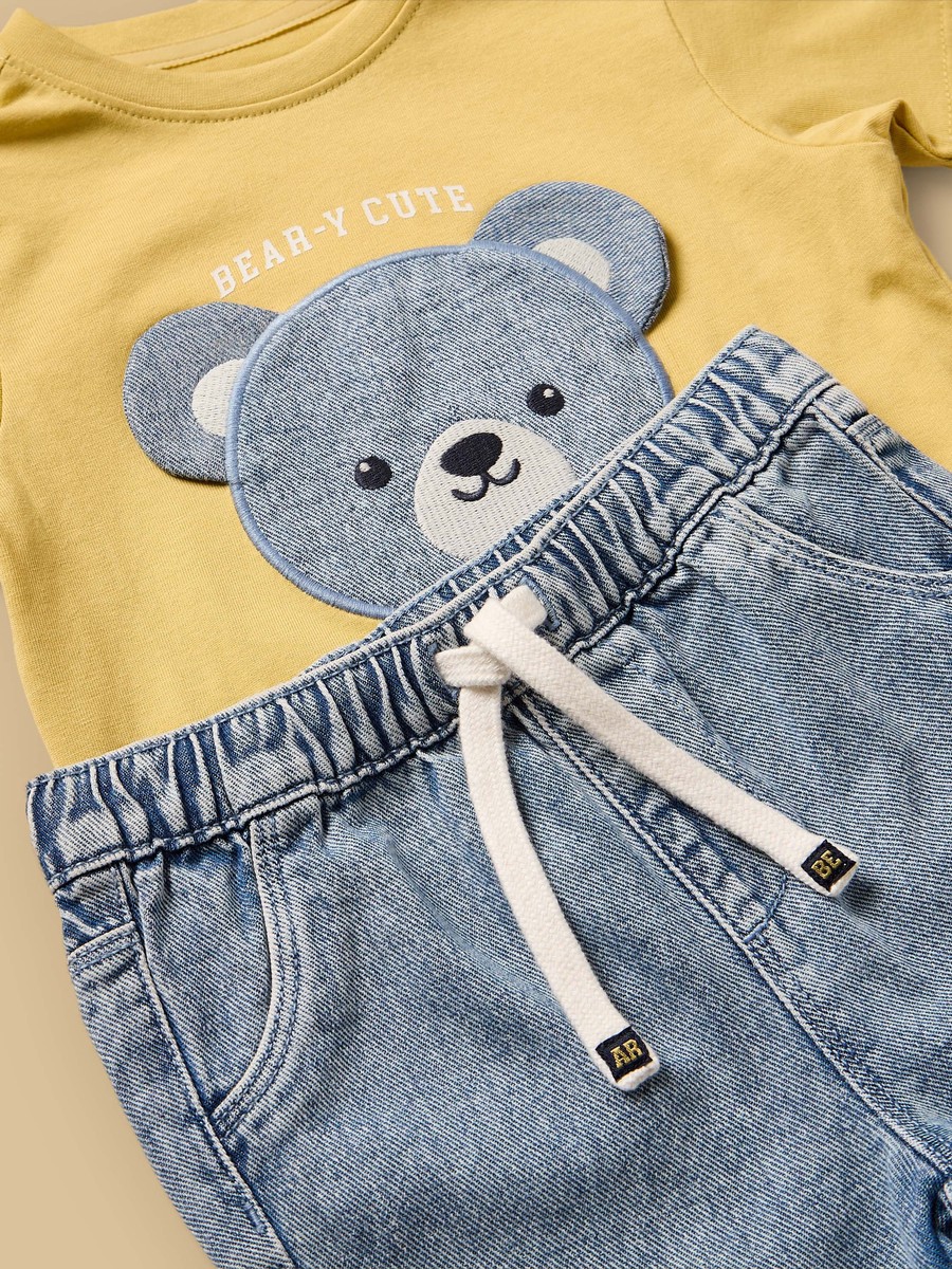 Checked Cotton Shirt with T-Shirt and Denim Shorts Set