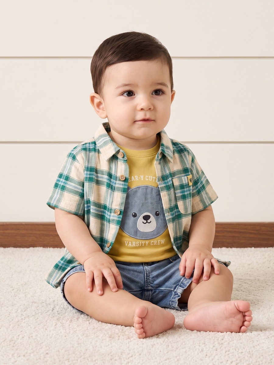 Checked Cotton Shirt with T-Shirt and Denim Shorts Set