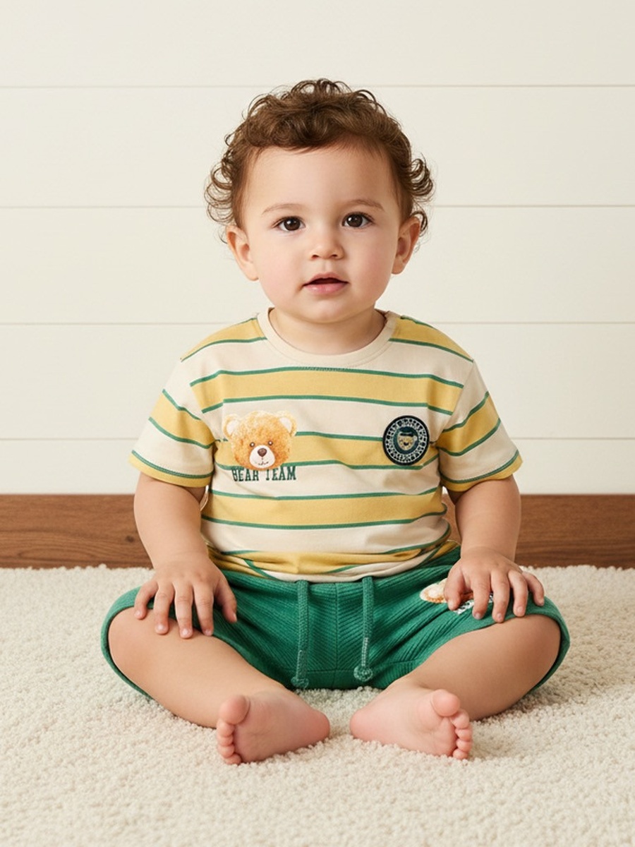Bear Print Cotton T-Shirt and Shorts Set