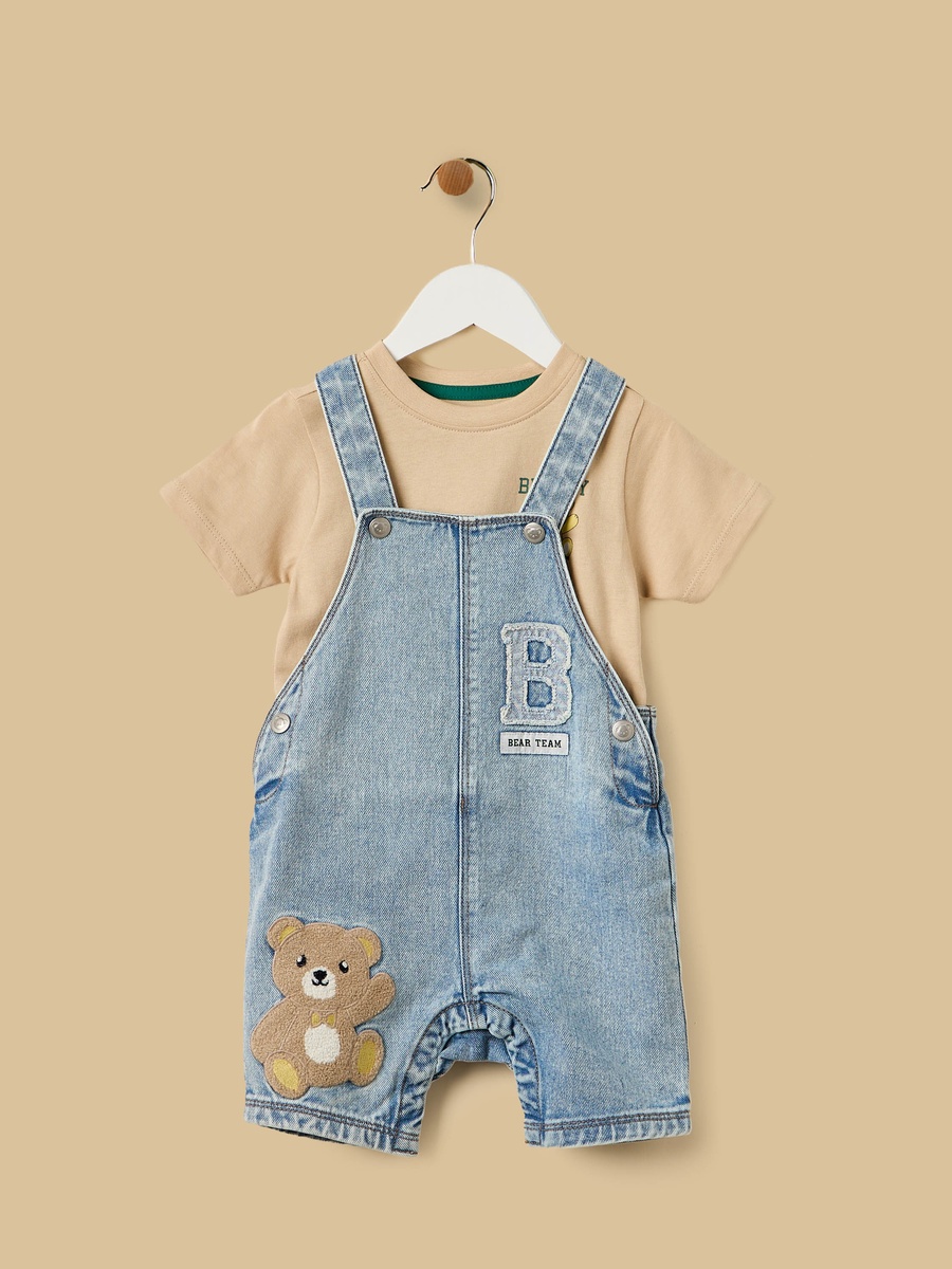 Bear Print Cotton T-Shirt and Denim Dungaree Set