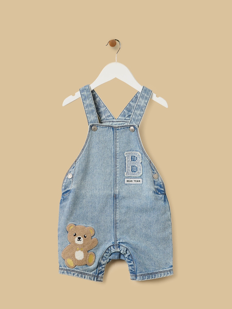Bear Print Cotton T-Shirt and Denim Dungaree Set