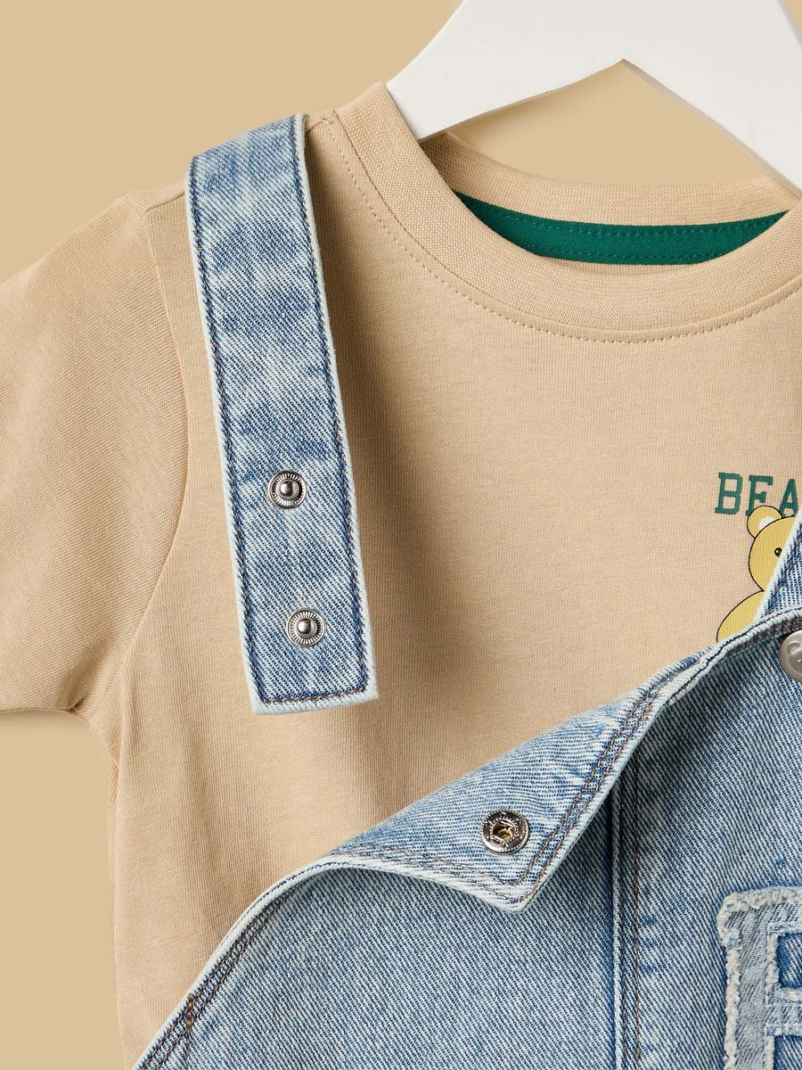 Bear Print Cotton T-Shirt and Denim Dungaree Set