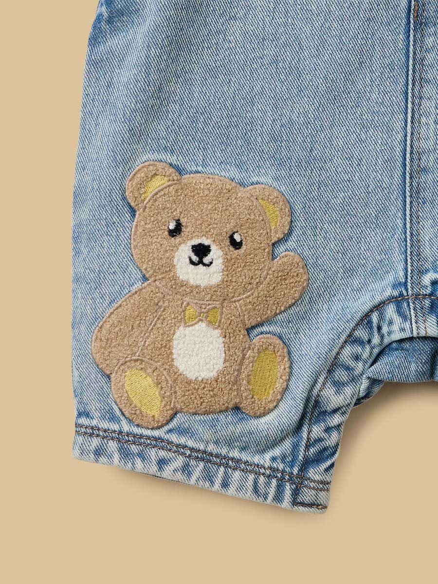 Bear Print Cotton T-Shirt and Denim Dungaree Set