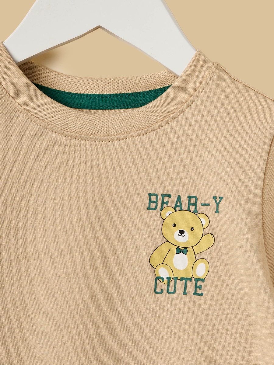 Bear Print Cotton T-Shirt and Denim Dungaree Set