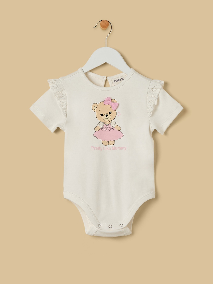 Bear Print Bodysuit and Schiffli Textured Skirt