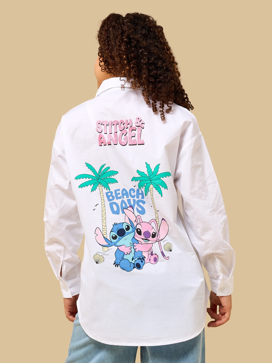 Stitch and Angel Print Oversized Cotton Shirt