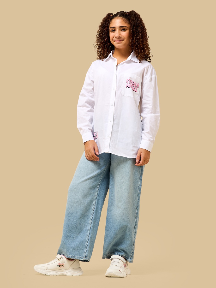 Stitch and Angel Print Oversized Cotton Shirt