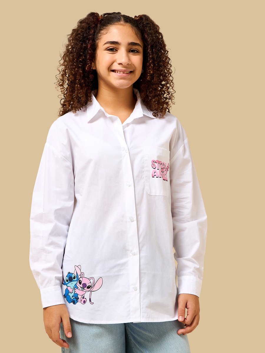Stitch and Angel Print Oversized Cotton Shirt