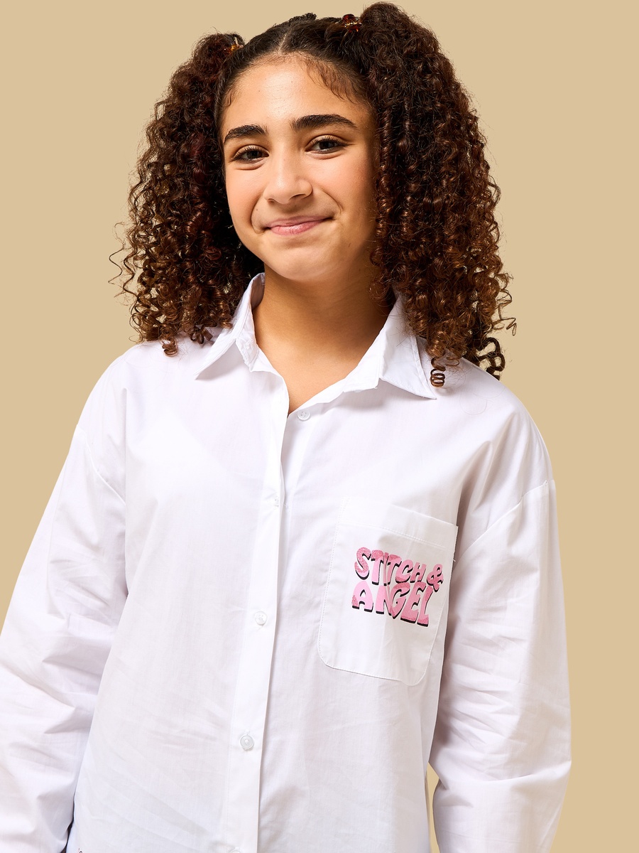Stitch and Angel Print Oversized Cotton Shirt
