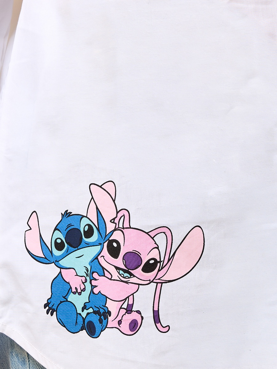 Stitch and Angel Print Oversized Cotton Shirt