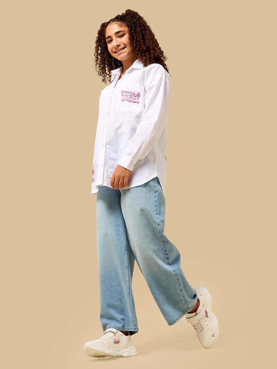 Stitch and Angel Print Oversized Cotton Shirt