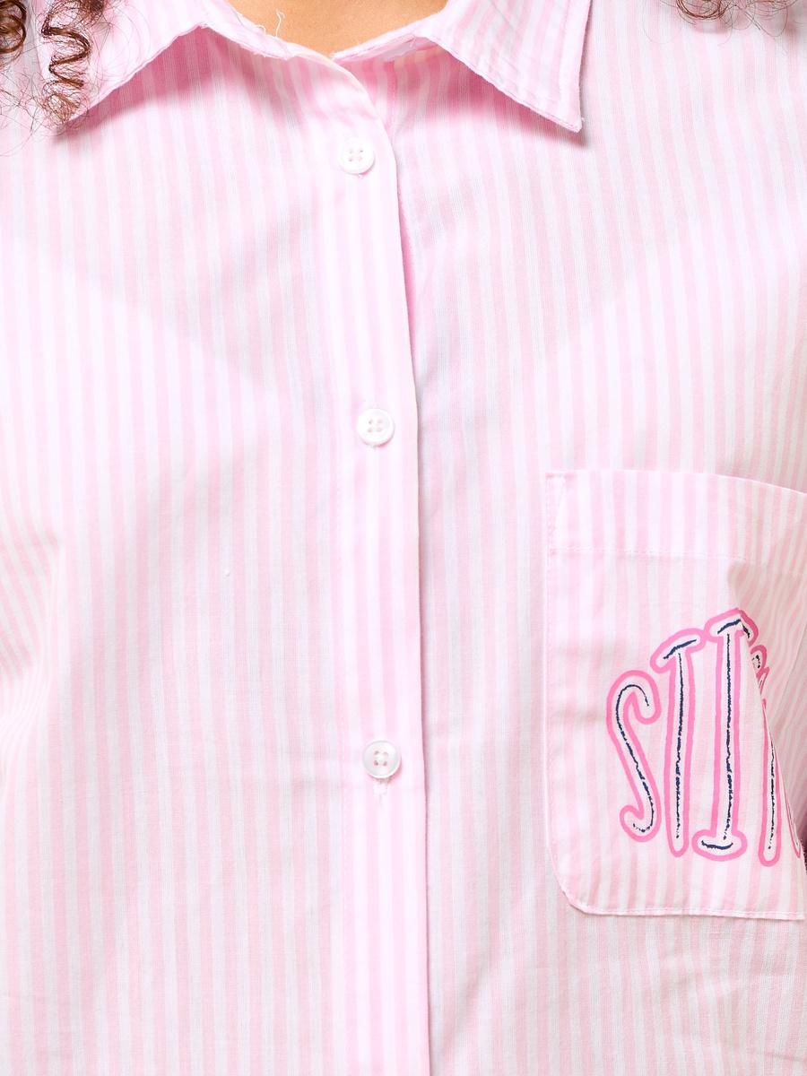 Stitch Print Striped Oversized Shirt