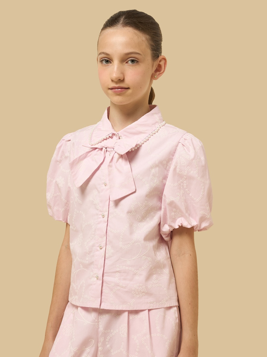 Printed Cotton Shirt with Pearl Embellished Collar