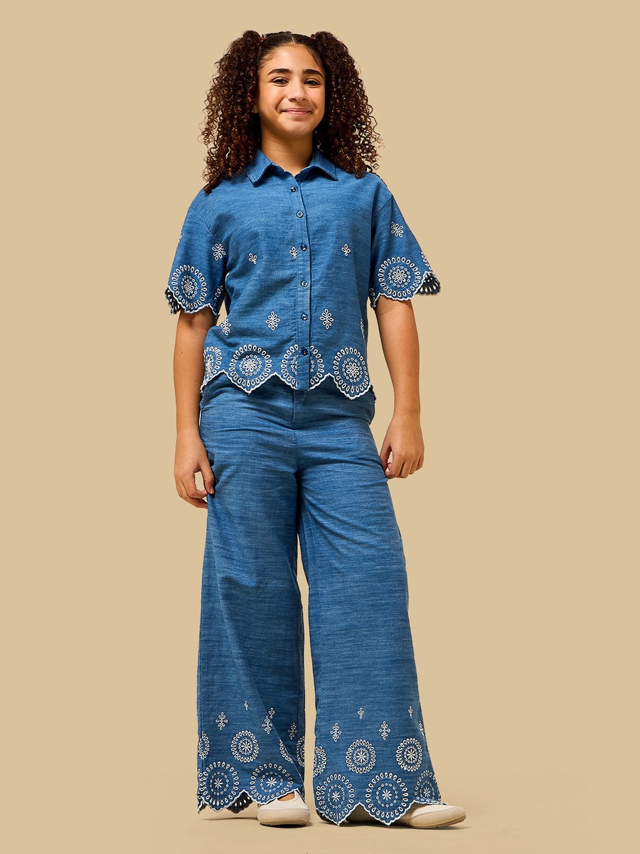 Schiffli Embroidered Chambray Cotton Shirt