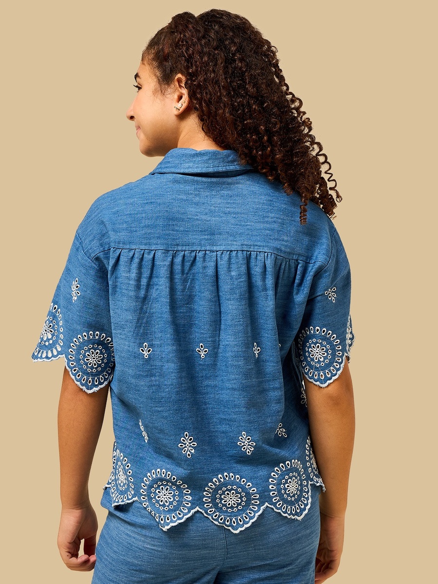 Schiffli Embroidered Chambray Cotton Shirt