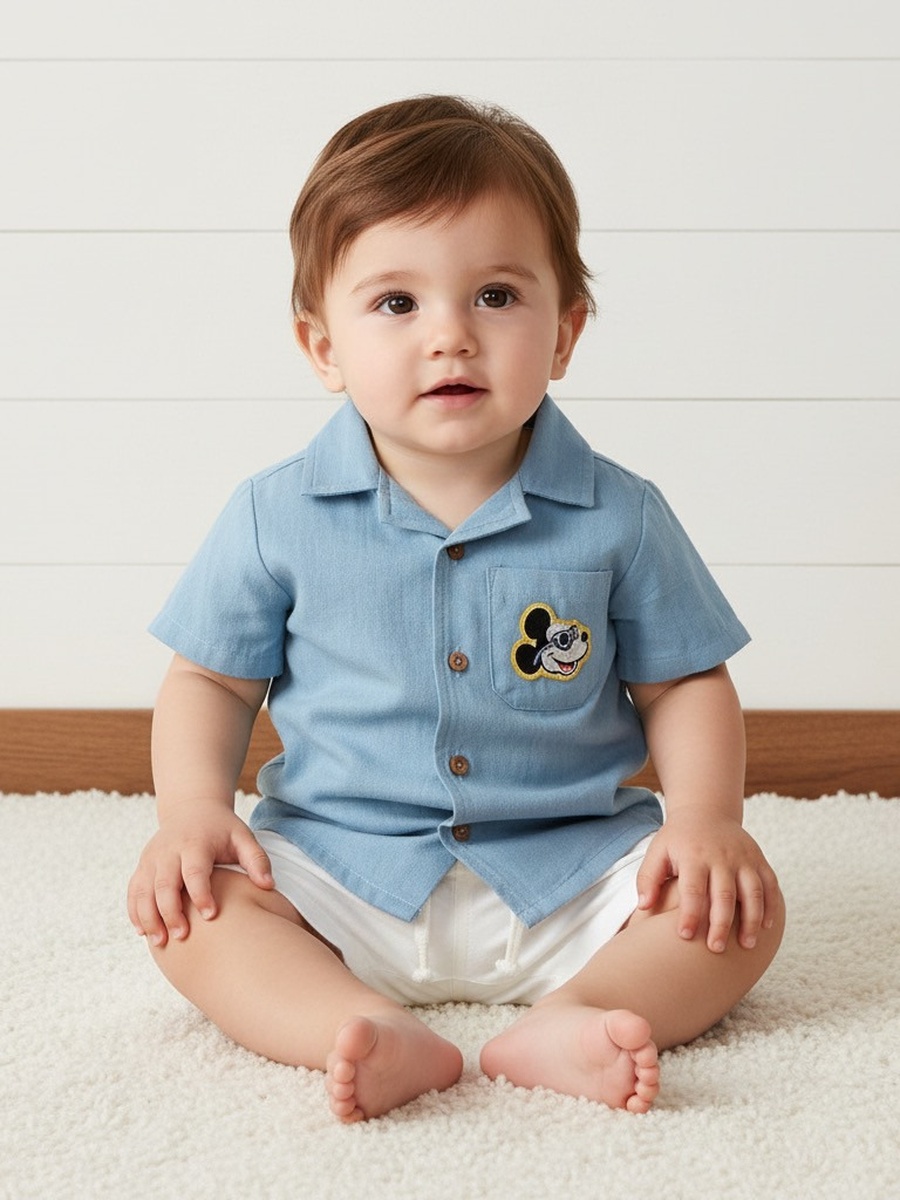 Mickey Mouse Print Cotton Denim Shirt